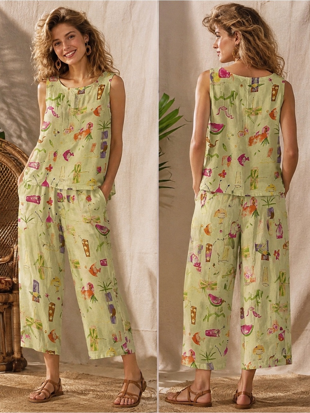 VTG California Threads Hari Casuals Linen Vibrant Summer Motifs Capri Set USA